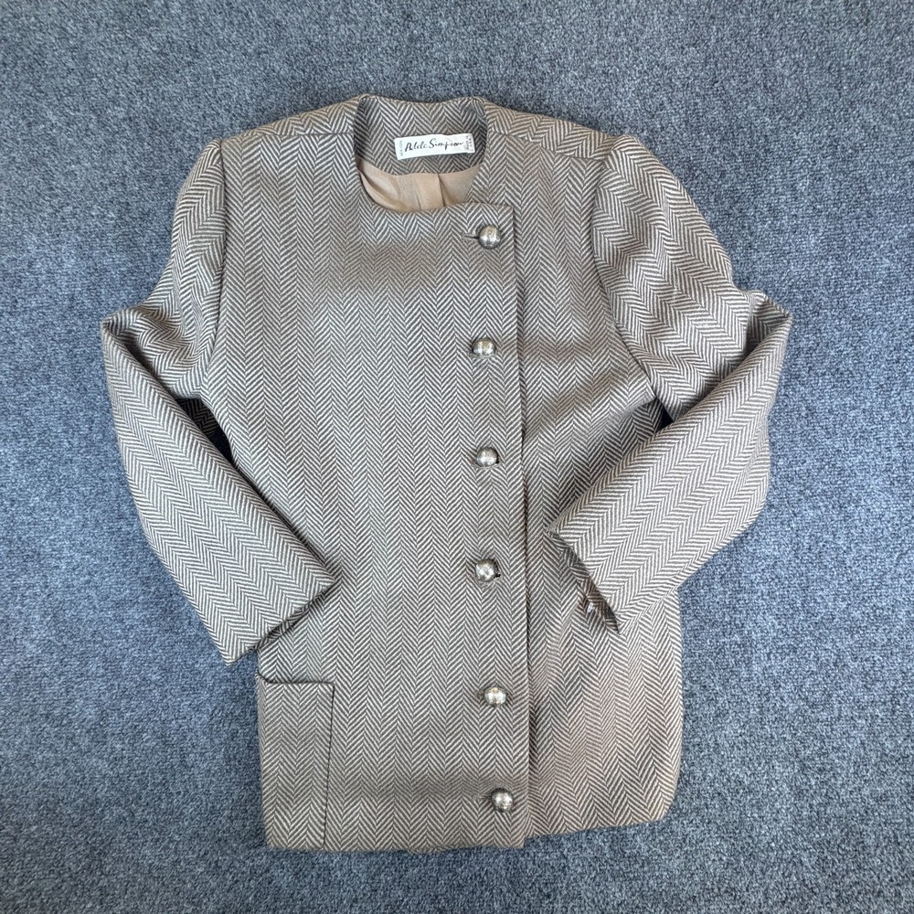 Vintage‎ Adele Simpson Jacket Womens 14 Brown Beige Herringbone Button Front